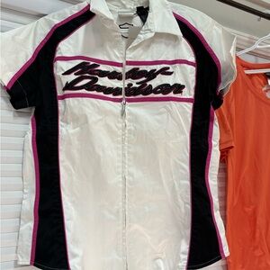 Harley-Davidson White and Black Blouse with Pink Accents